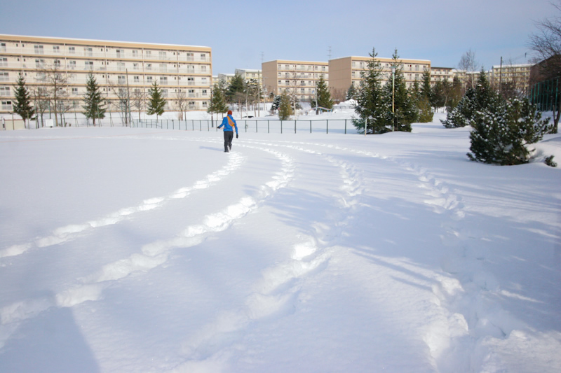 学校近くの公園で、大規模な雪上ドローイングの実験